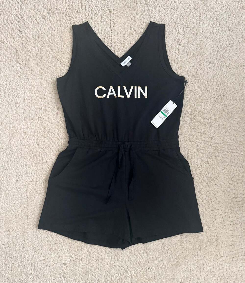 Calvin Klein Womens L Black Romper Gold Logo V Neck Sleeveless NWT